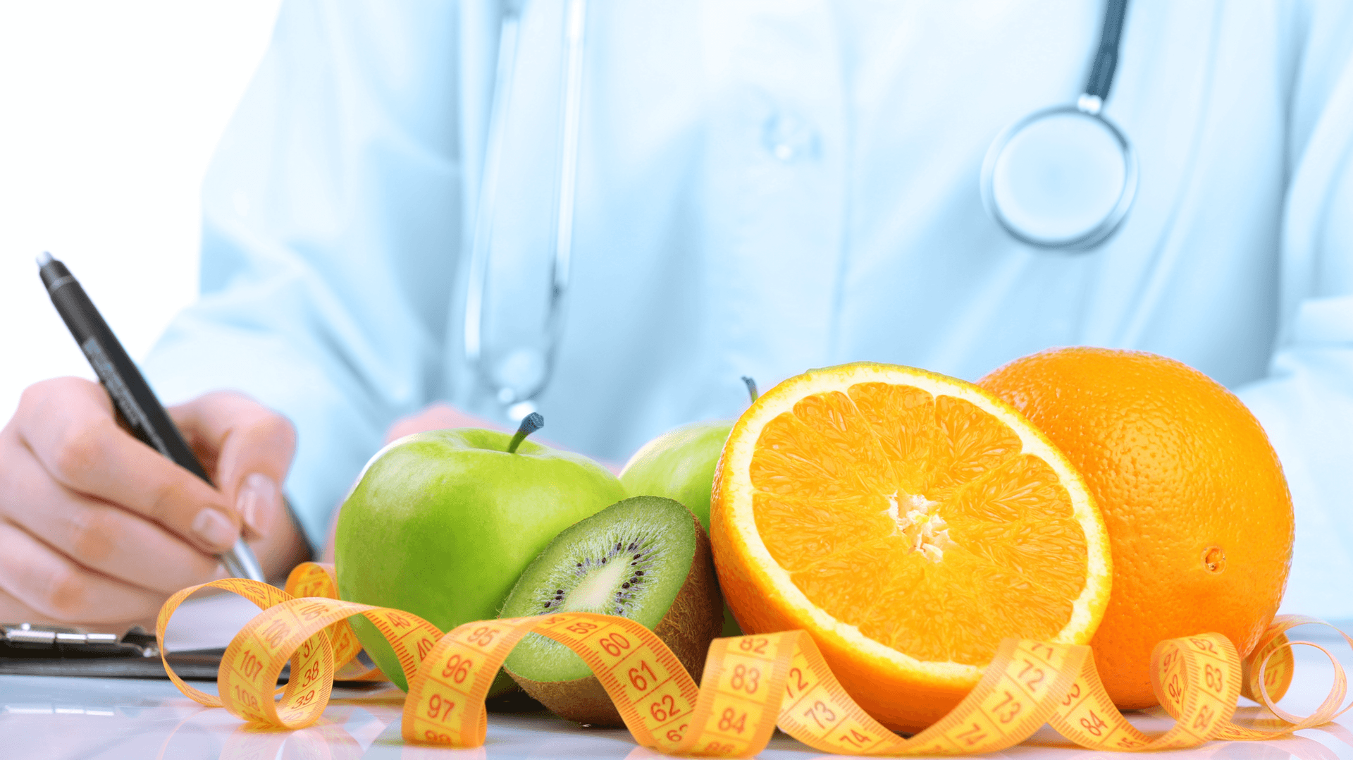 Healthy food on a table in front of a doctor